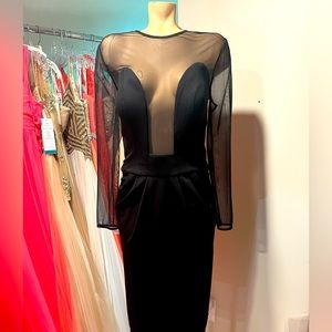 Black/ Black Sheer Size 8 Dress with drop front and sheer sleeves
